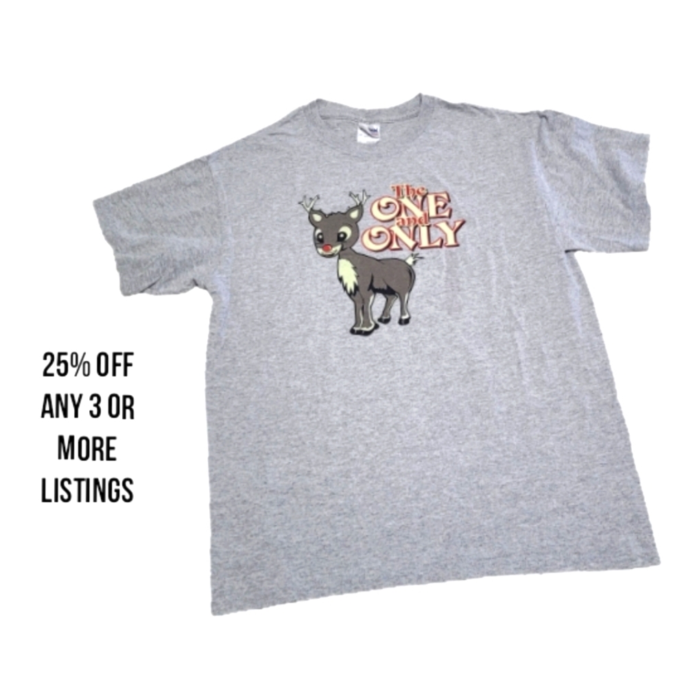 Rudolph the Red Nose Reindeer Graphic Print Crewneck Vintage Tee Shirt Animal